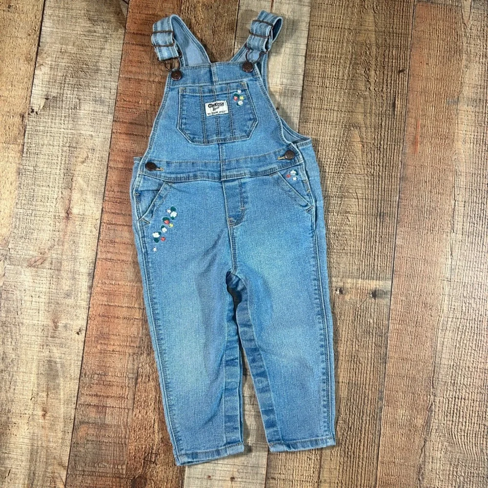OshKosh B'gosh Blue Denim Floral Strawberry Embroidered Snap Leg Overalls 18M